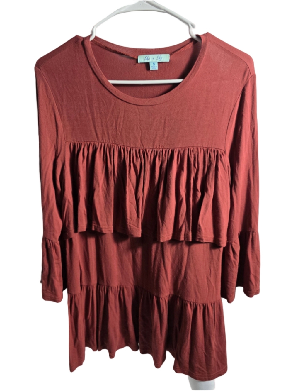 Women's She + Sky Long Sleeve Tiered Ruffle Top burgundy Red Size S cottagecore